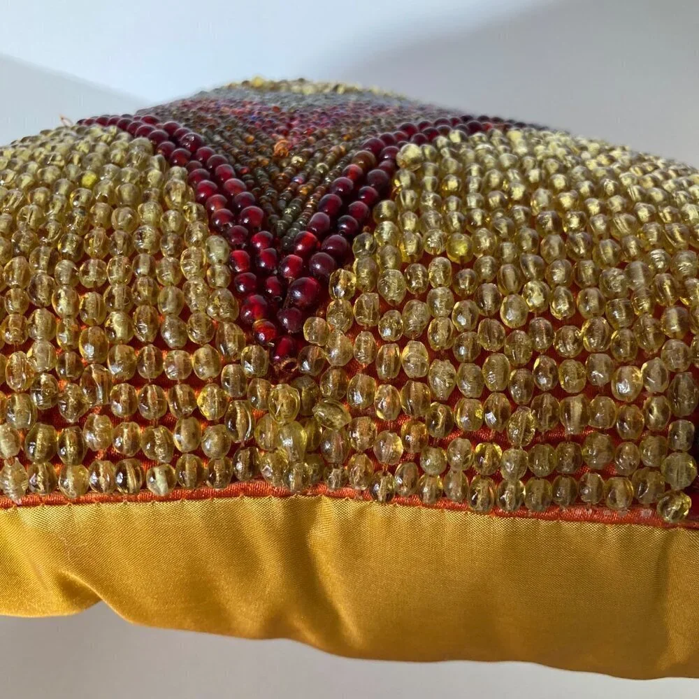 Pier 1 Imports Beaded Luxury Throw Pillow Geometric Red Gold Silver 11‎ x 11